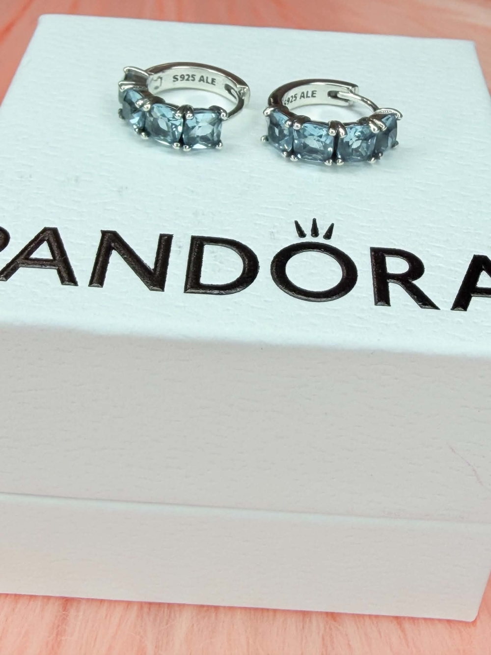 Pandora Sterling Silver Hoop Earrings with Blue Stones - Picture 3 of 5
